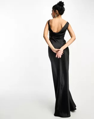 Six Stories Bridesmaids cowl back satin maxi dress in black | ASOS (Global)