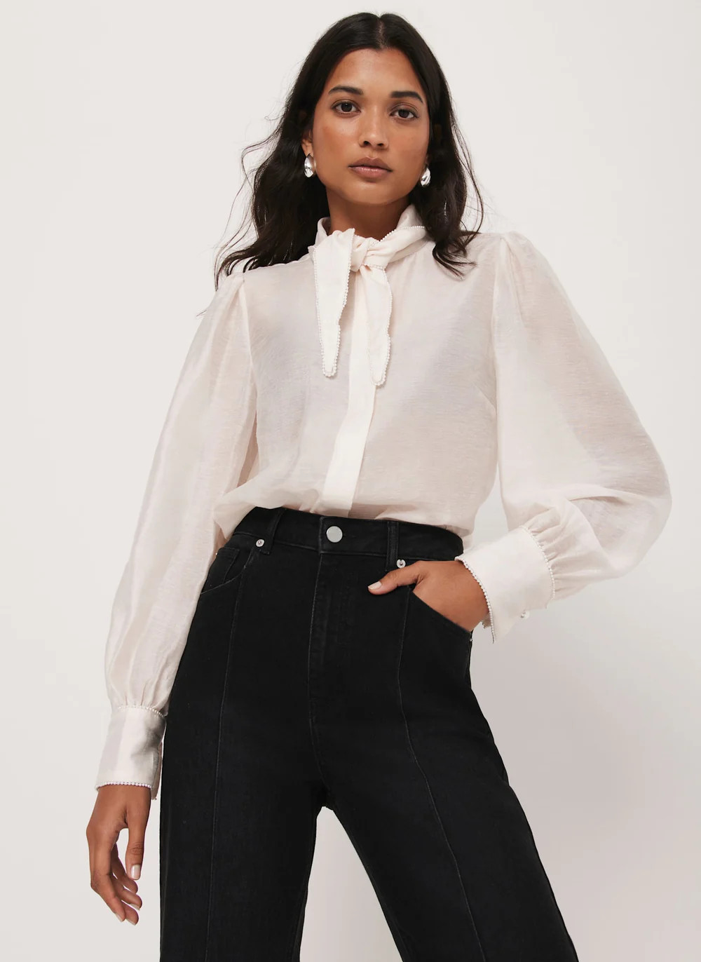 Cream Pearl Trim Tie Neck Blouse | Mint Velvet
