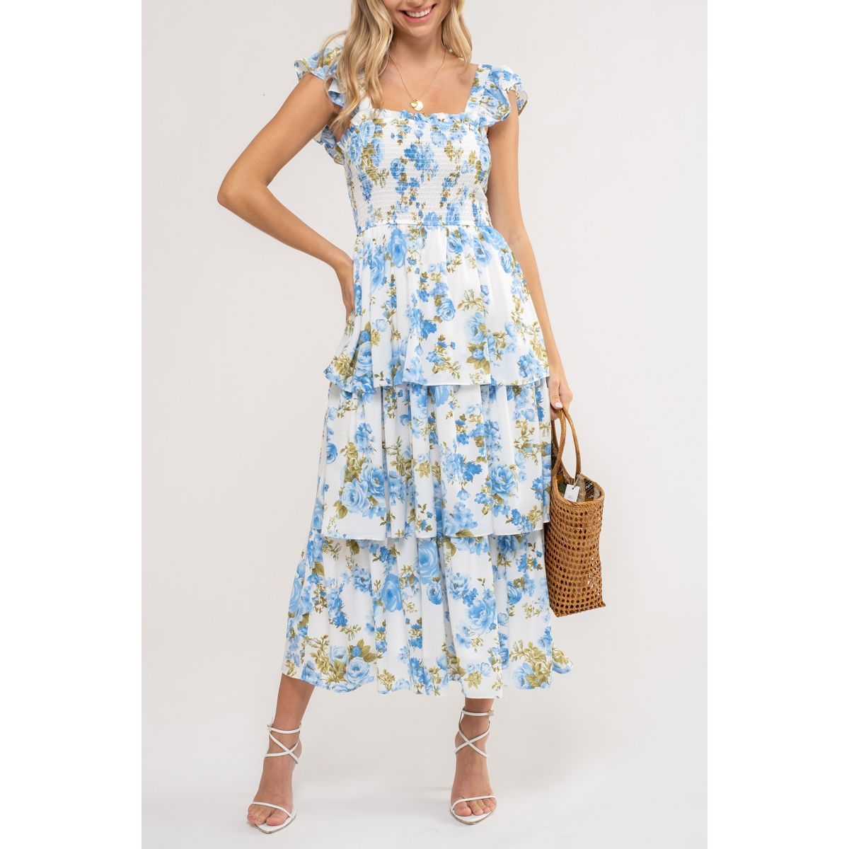 August Sky Women's Smocked Floral Tiered Midi Dress | Target