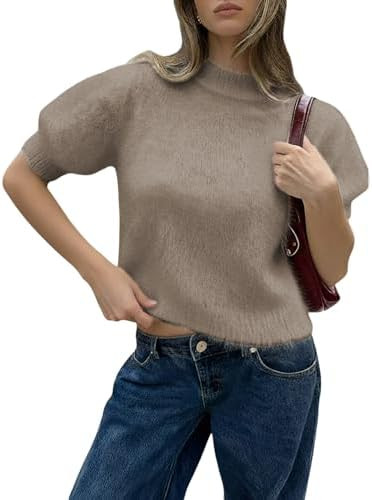 Verdusa Women's Short Sleeve Sweater Lightweight Furry Fuzzy Cropped Sweaters Trendy | Amazon (US)