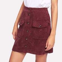 Pocket Front Button Through Corduroy Skirt | SHEIN