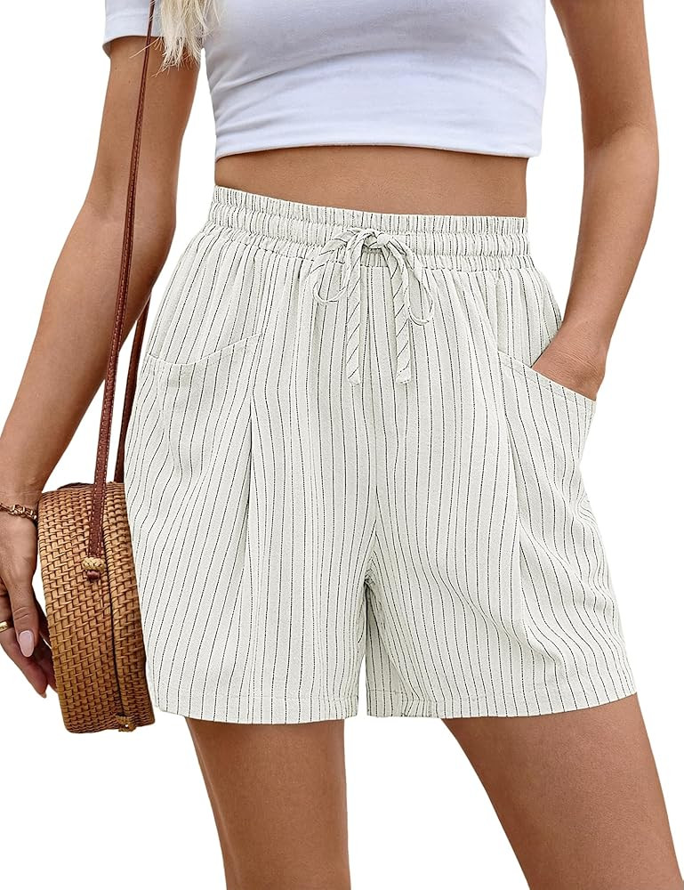 AKEWEI Linen Shorts Women Casual Wide Leg High Waisted Summer Outfits Comfy Elastic Waist Beach S... | Amazon (US)