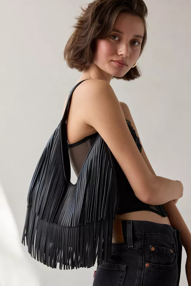 Silence + Noise Fringe Faux Leather Hobo Bag in Black, Women's at Urban Outfitters | Urban Outfitters (US and RoW)