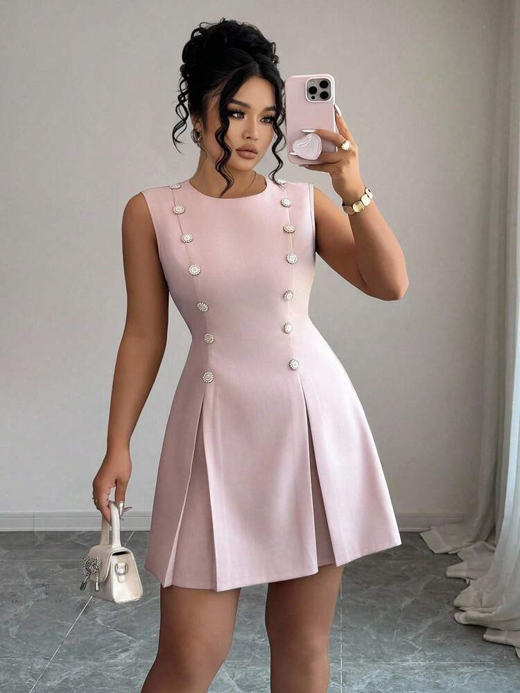 Elenzga Plus Size Round Neck Sleeveless Double-Breasted Rhinestone Shell Button Waist Tie Elegant... | SHEIN