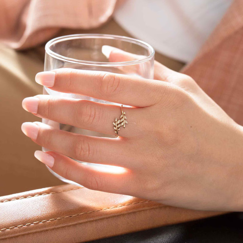 14K Gold Leaf Ring, Dainty Gold Ring, Solid Gold Stacking Ring, Gold Branch Ring, 14K Gold Ring, ... | Etsy (US)