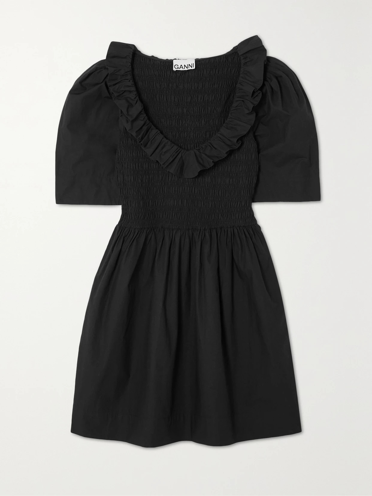 GANNI - Ruffled Smocked Cotton-poplin Mini Dress - Black | NET-A-PORTER (US)