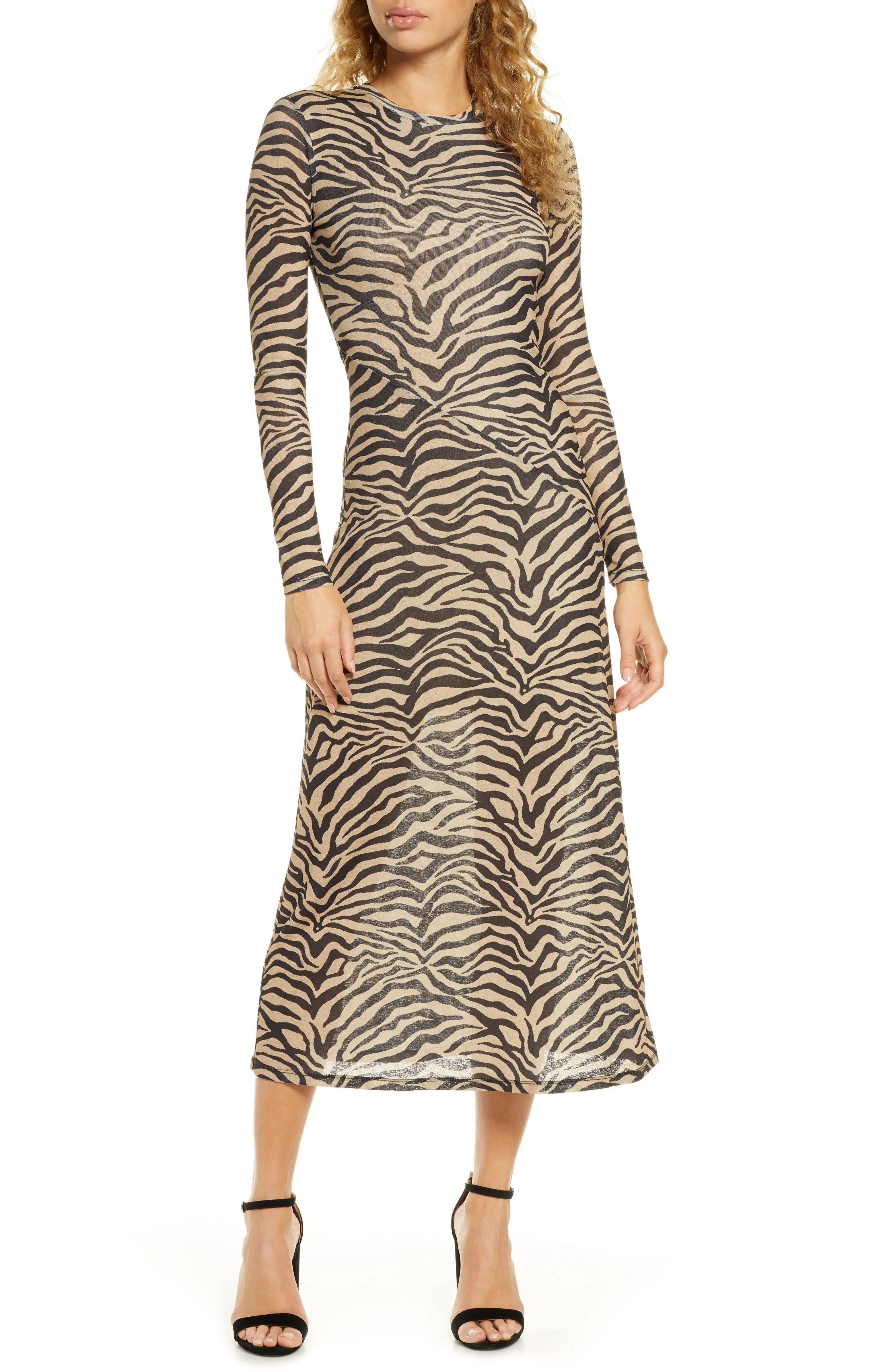 Zebra Print Long Sleeve Mesh Midi Dress | Nordstrom