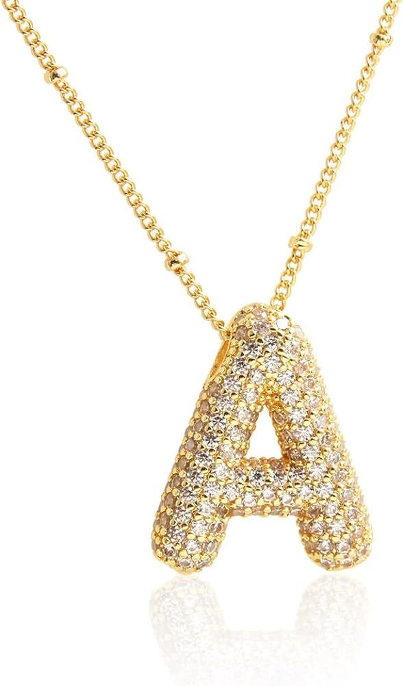 18k Gold Plated Dainty Cubic Zirconia Bubble Alphabet 26 A-Z Letter Necklace, Personalized Monogr... | Amazon (US)