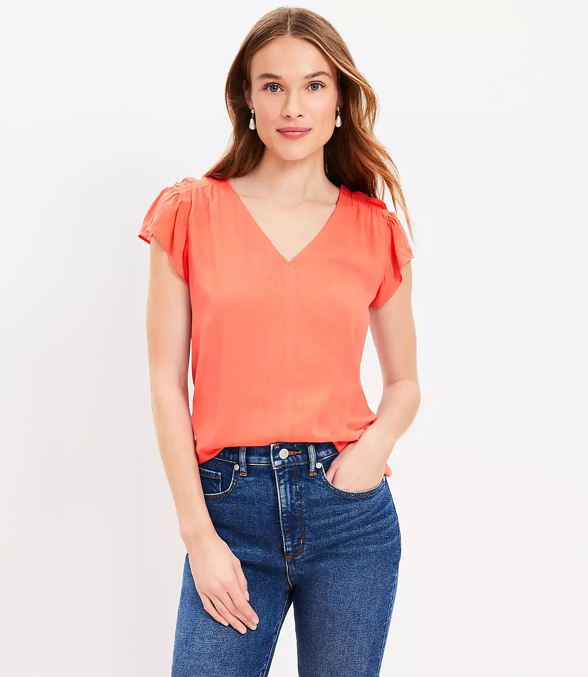 Smocked Shoulder Flutter Sleeve Top | LOFT