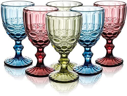 Youeon 6 Pack Wine Glasses Set,10 Oz Colored Glass Goblet, Embossed Design Diamond Pattern Water ... | Amazon (US)