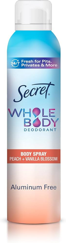 Secret Whole Body Deodorant for Women, Peach & Vanilla Scent, Aluminum Free Deodorant Spray, 72 H... | Amazon (US)