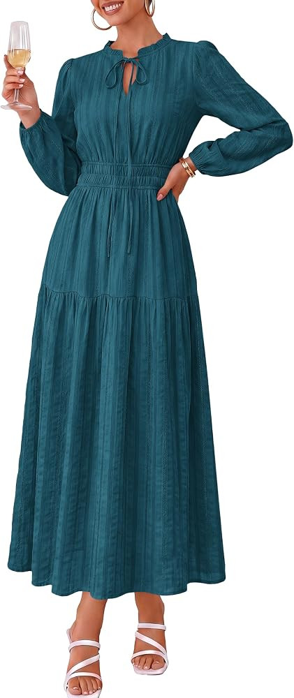 dowerme Women Casual Long Sleeve Ruffle Cotton Maxi Dress | Amazon (US)