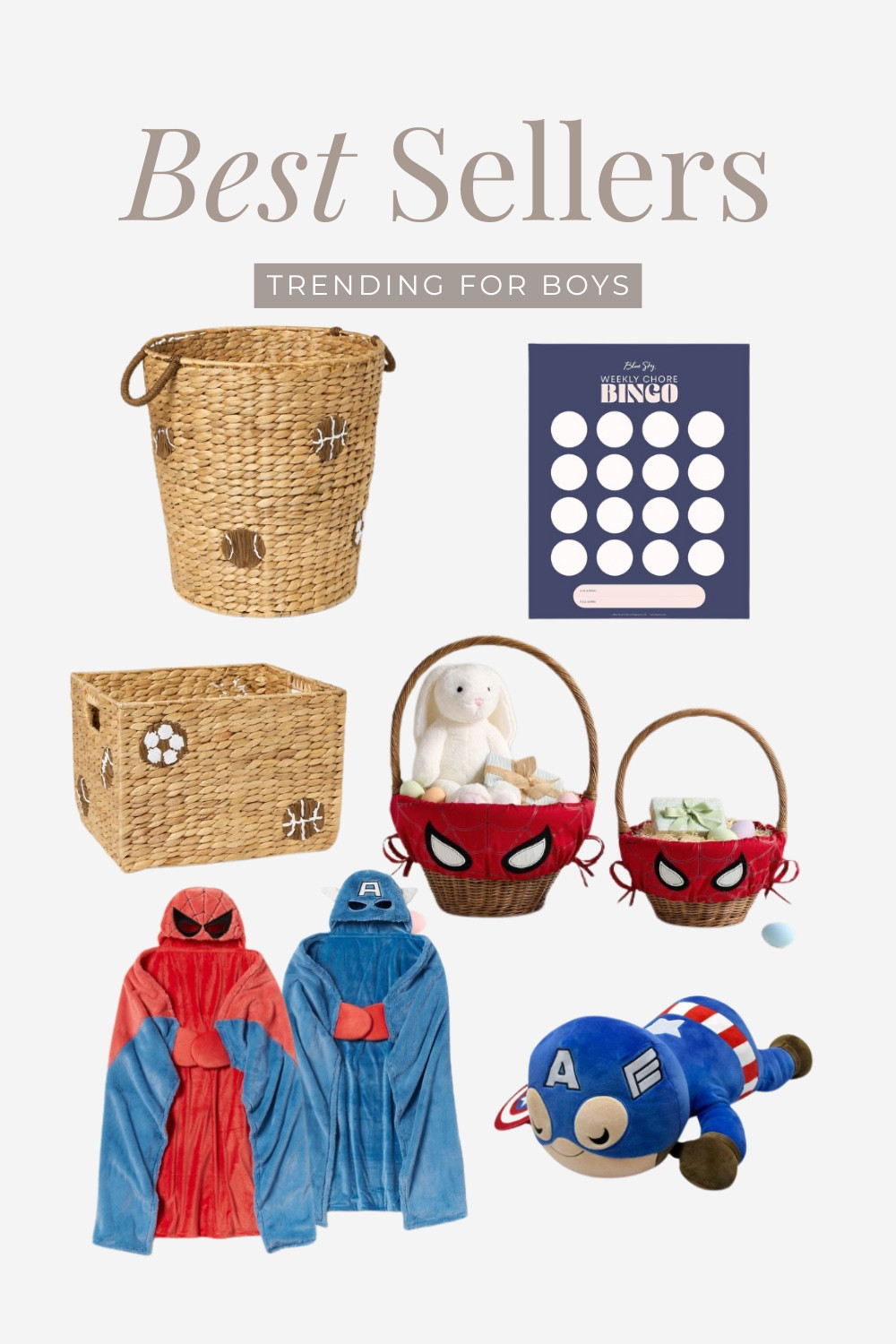 Here’s a few best sellers trending in the boy department.  Our favorite hooded blankets that make a great Easter basket, stuffer, found these toy storage baskets with sporty themes at target, Spider-Man, Easter baskets, chore charts, and our favorite weighted plushy. ￼

#BestSellersForBoys #Boys #HoodedBlanket #HomeDecor #BoysBedroom ￼

#LTKmomlife #LTKKids