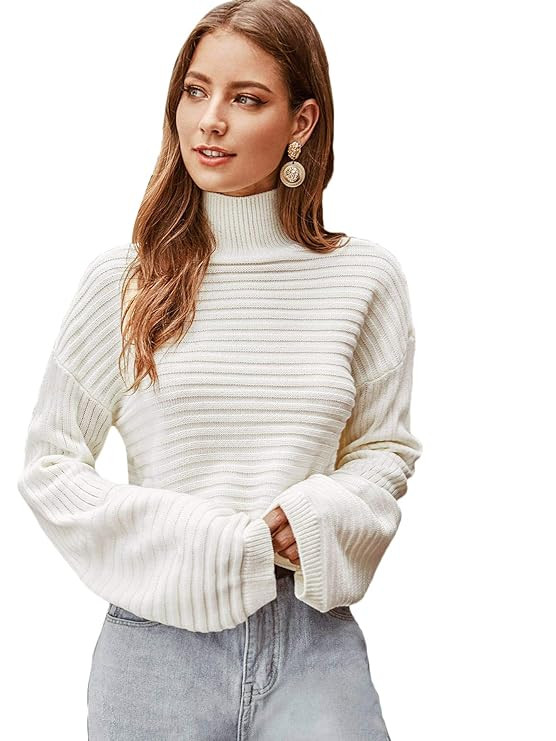 SweatyRocks Women's Drop Shoulder Mock Neck Pullover Sweater Long Sleeve Basic Crop Sweaters | Amazon (US)