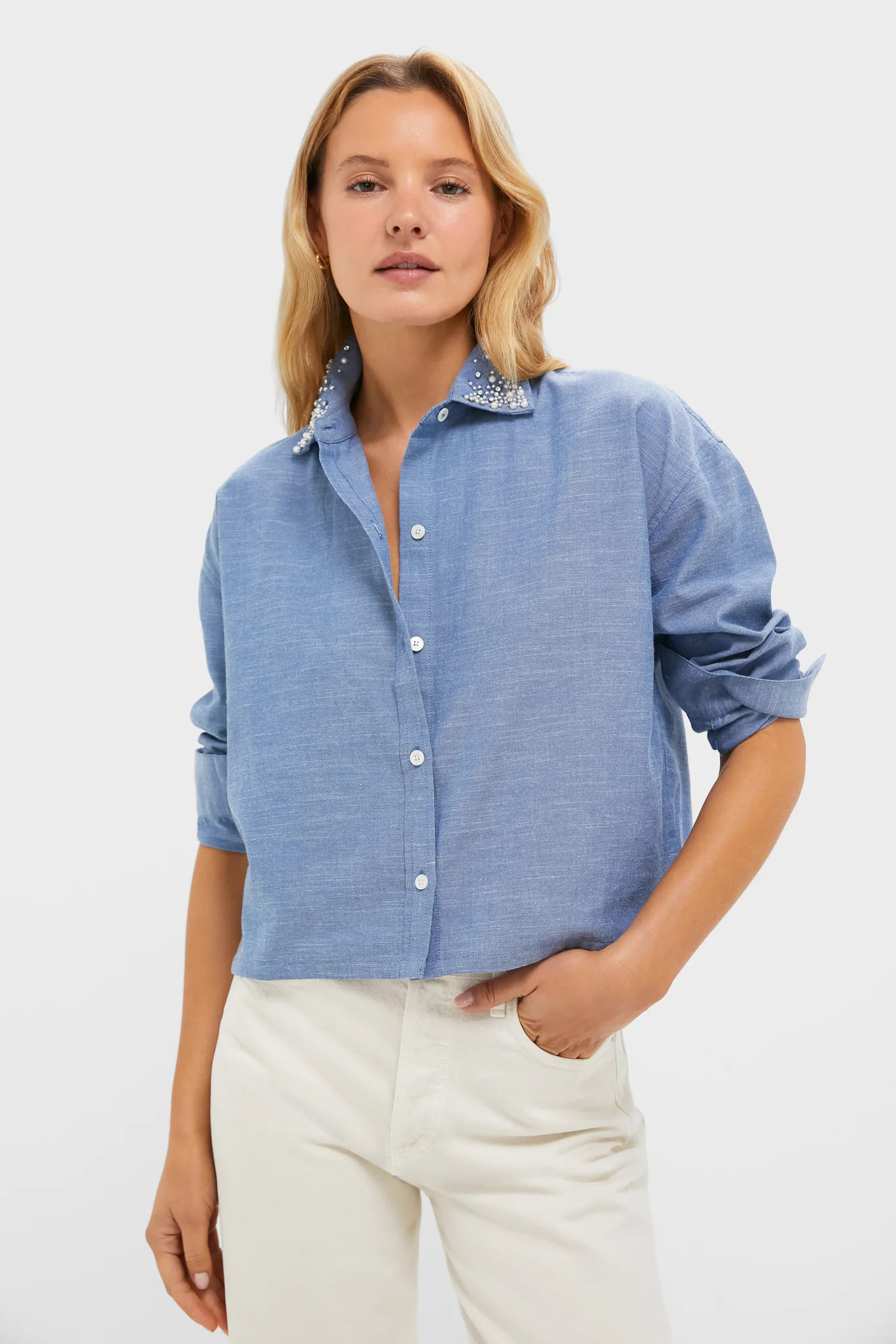 Chambray Denim Embellished Cropped Jasper Button Down | Tuckernuck (US)