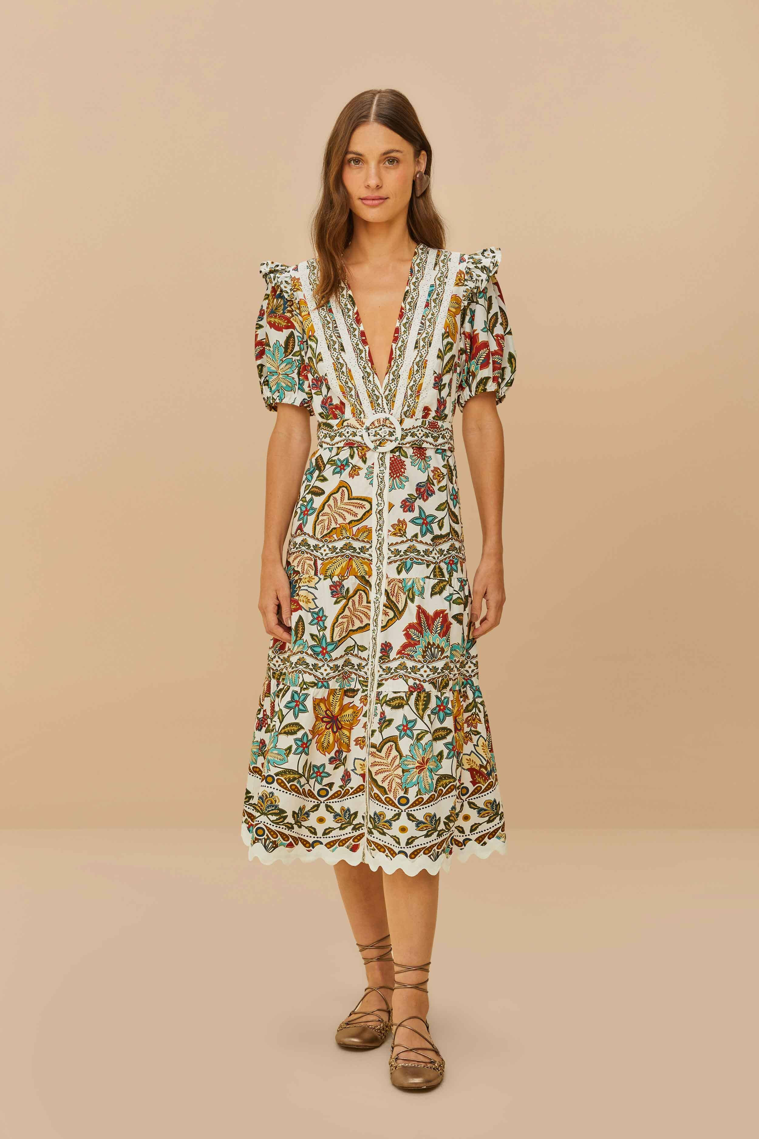 Off-White Botanicals Belted Midi Dress, BOTANICALS OFF-WHITE / XXS | FarmRio (US)