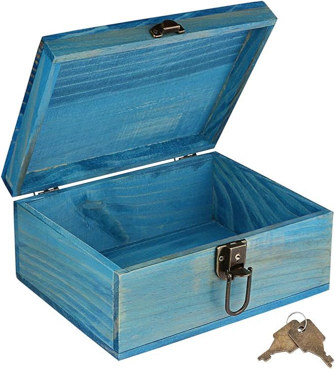 Wooden Keepsake Box, Dedoot Blue Wood Box with Lock Decorative Handmade Craft Small Latched Box f... | Amazon (US)
