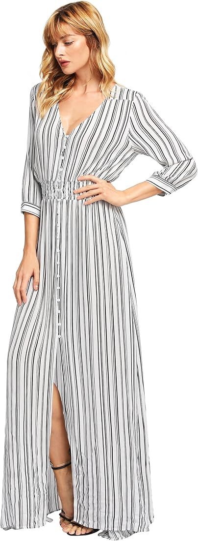 Milumia Women's Stripe V Neck Half Sleeve Split Button Up Party Maxi Dress | Amazon (US)