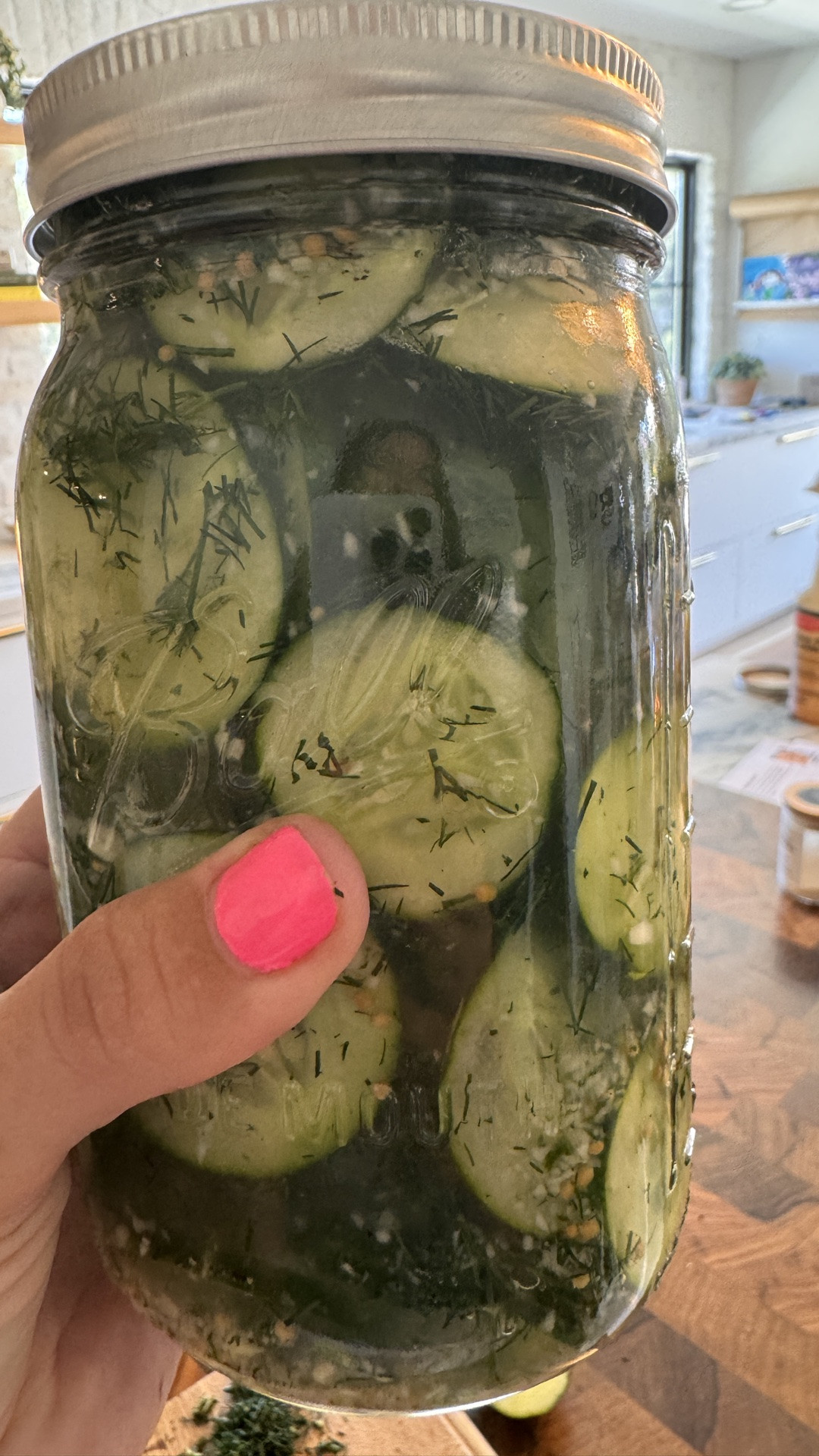 Homemade pickles made easy. 

2 cups vinegar
2 cups water
1 tablespoon salt
Add to pot over stovetop. Boil and reduce to simmer until salt is dissolved.

Chop handful of fresh dill
10 garlic cloves
Pepper to taste
2 tsp mustard seeds
2 tsp dill seeds
2 bay leaves
6 Persian cucumbers or pickling cucumbers
 
Add to mason jar and pour brine to fill. Leave a small amount of room up top to shake and mix. Refrigerate and use after 24 hours. #frostfarm #diy #ltkmomlife #homesteading #gardenuses