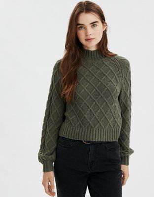 AE Mock Neck Cable Knit Sweater | American Eagle Outfitters (US & CA)