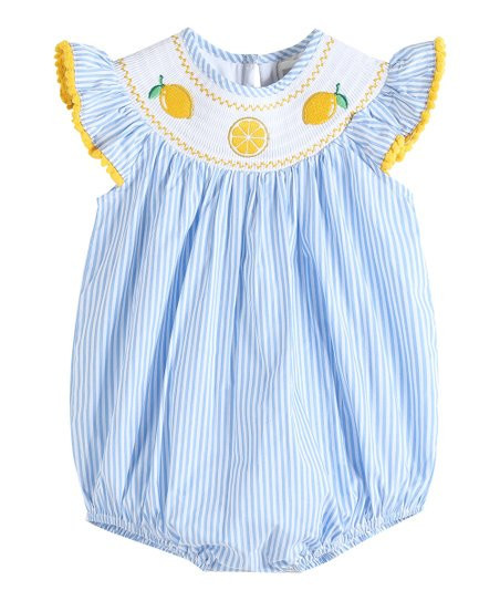 Lil Cactus Light Blue Stripe Lemons Smocked Ruffle Romper - Infant & Toddler | Zulily