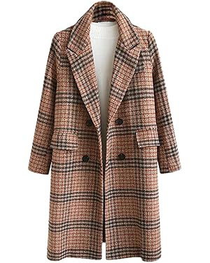 CHARTOU Women's Winter Oversize Lapel Collar Woolen Plaid Double Breasted Long Peacoat Jacket | Amazon (US)