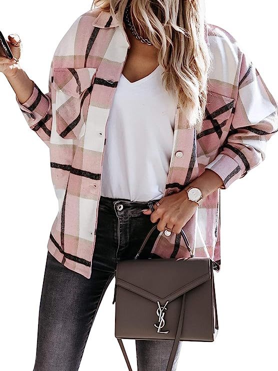 Fashion Women's Casual Wool Blend Lapel Plaid Long Sleeve Button Down Shacket Shirts Jacket Coat | Amazon (US)