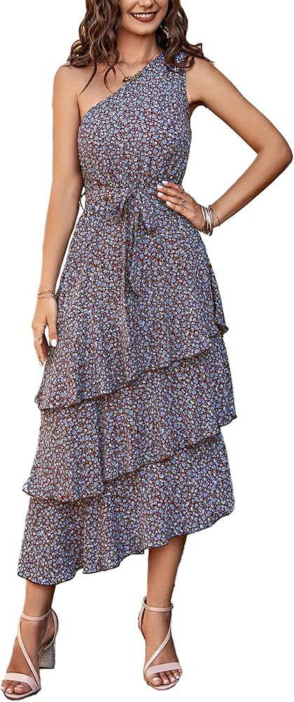 PRETTYGARDEN Women's Summer Floral Sundress Casual One Shoulder Tiered Ruffle Flowy Midi Beach Bo... | Amazon (US)