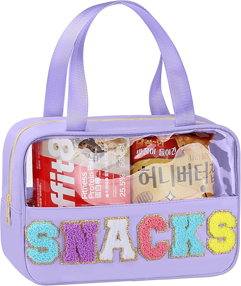 Snack Bag for Travel - Chenille Letter Clear Makeup Bag, Large Preppy Patch Snack Cosmetic Bag wi... | Amazon (US)