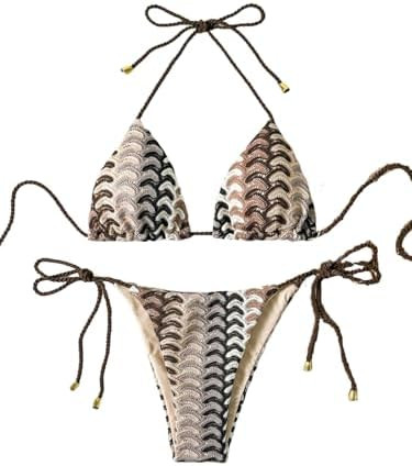 ZAFUL 2 Piece Triangle Bikini for Women Knitted Rope Halter Bikini Sets Sexy Bathing Suit Side Ti... | Amazon (US)