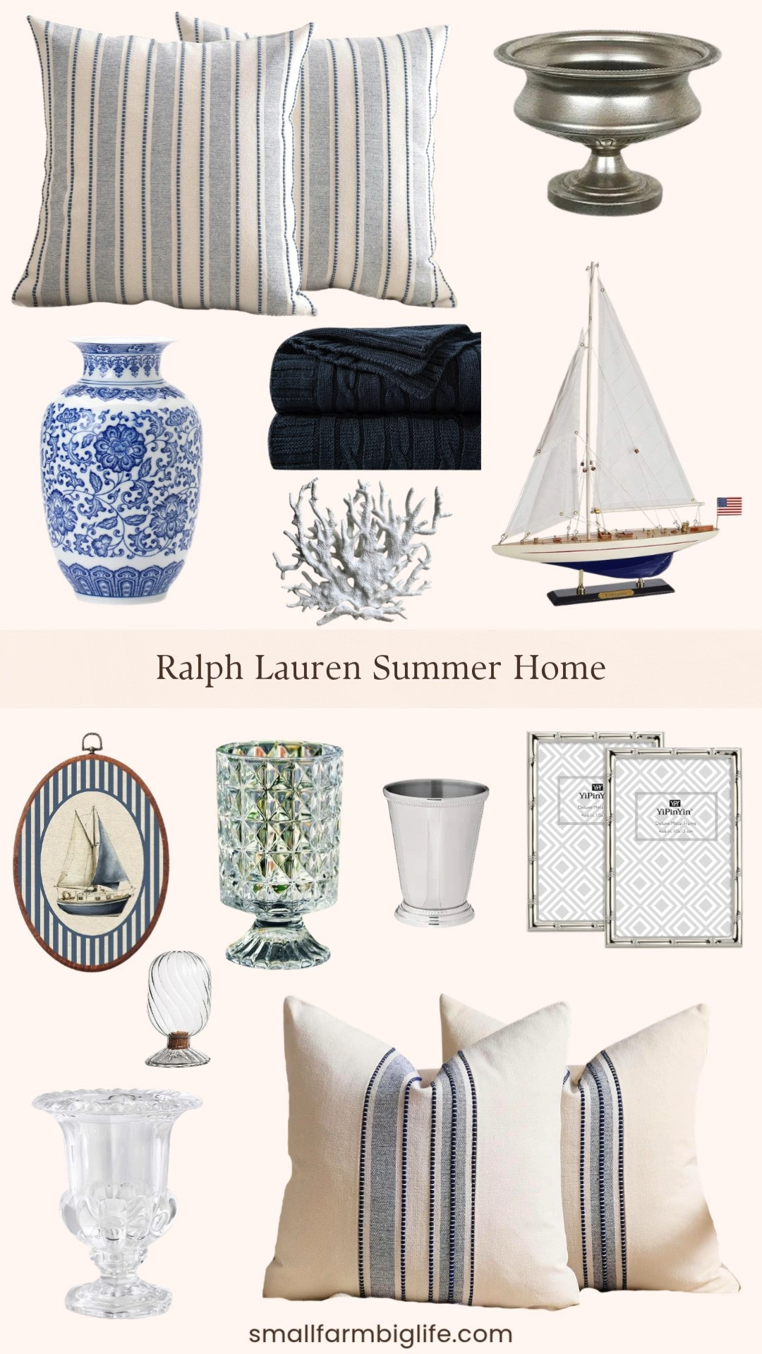 The Ralph Lauren summer home aesthetic never goes out of style and this round up has some of the prettiest pieces yet. The blue floral chinoiserie ginger jar is such a statement piece and looks so beautiful styled with the silver urn vase and embossed glass pedestal vase for a collected and layered look. The vintage sailboat oval wall art and wooden sailboat model ship are classic nautical accents that bring so much character to a bookshelf, mantle, or entryway table. The blue and white striped and linen textured throw pillow covers layer together perfectly, and the navy cable knit throw blanket adds a cozy and luxurious touch that works in any season. The silver julep cup, white coral, and swirl pattern match jar are the small details that make the whole space feel intentional and finished. Tap to shop! 

 #LTKSeasonal #LTKHome