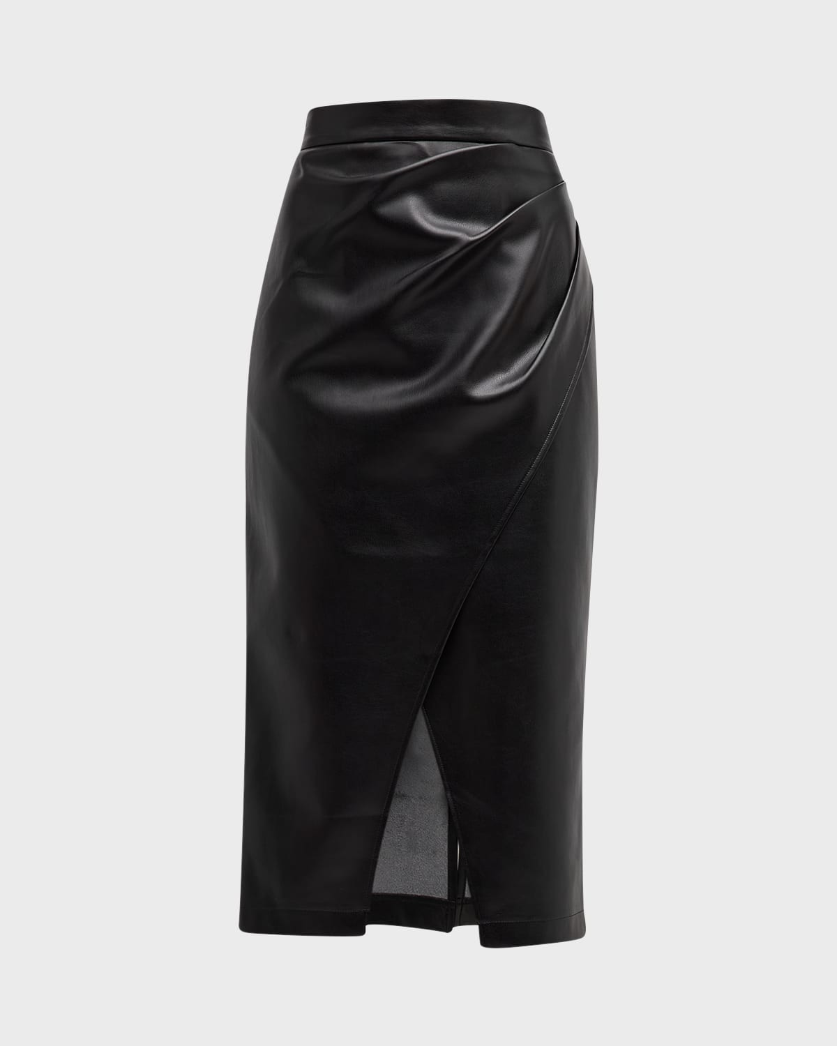 The Rebecca Ruched Vegan Leather Midi Skirt | Neiman Marcus