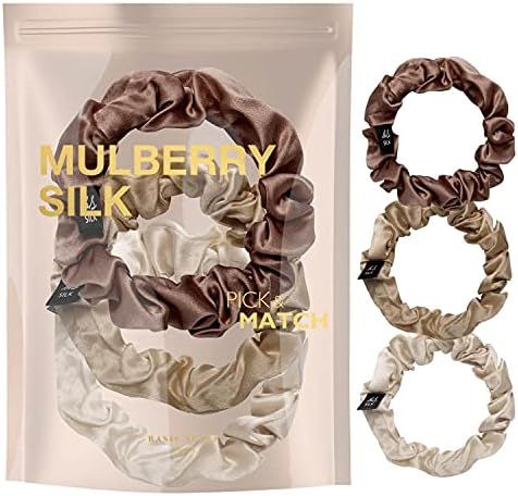 BasicSense Small 3 PCS Mulberry Pure Silk Hair Scrunchies Ponytail Tie For Women Girls, Brown Assort | Amazon (UK)