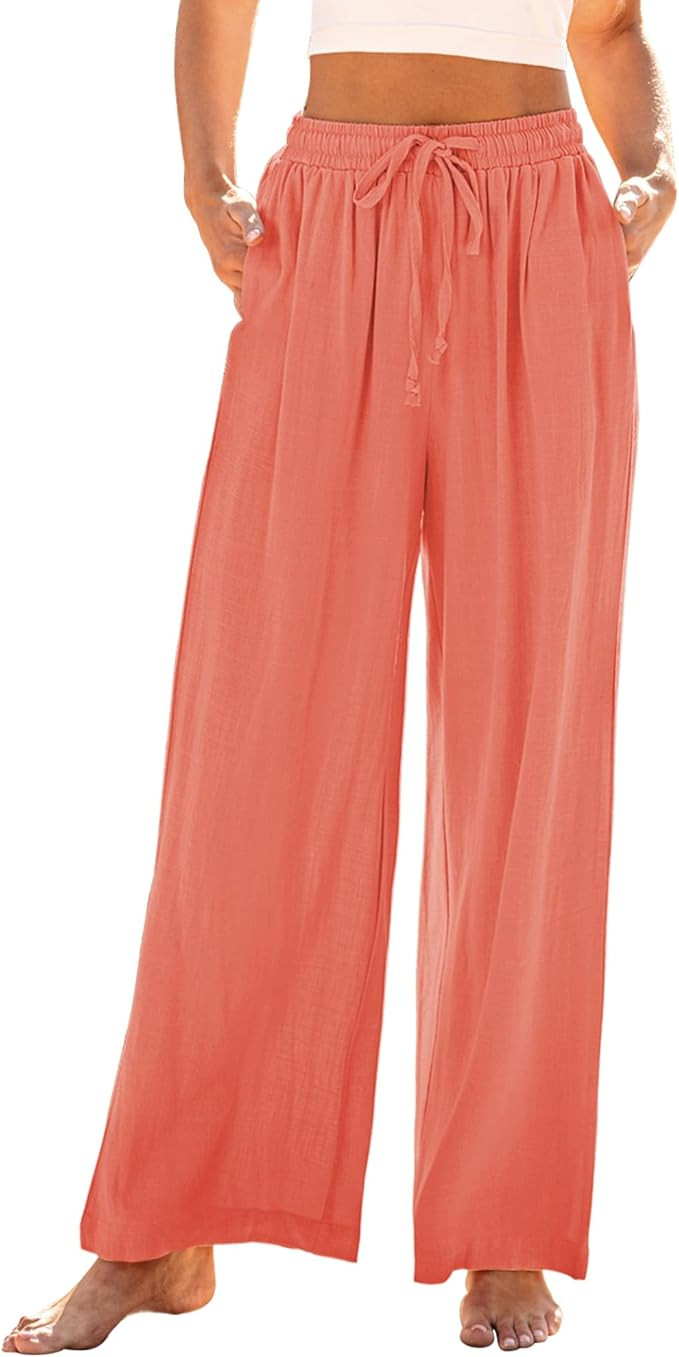 GRAPENT Wide Leg Pants Woman Linen High Waisted Pull On Flowy Casual Baggy Drawstring Palazzo Tro... | Amazon (US)