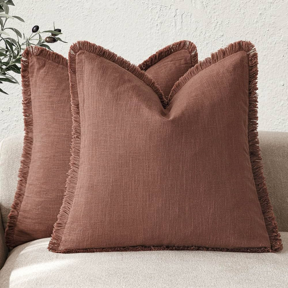 Foindtower Set of 2 Decorative Linen Fringe Throw Pillow Covers Boho Farmhouse Cushion Cover with... | Amazon (US)