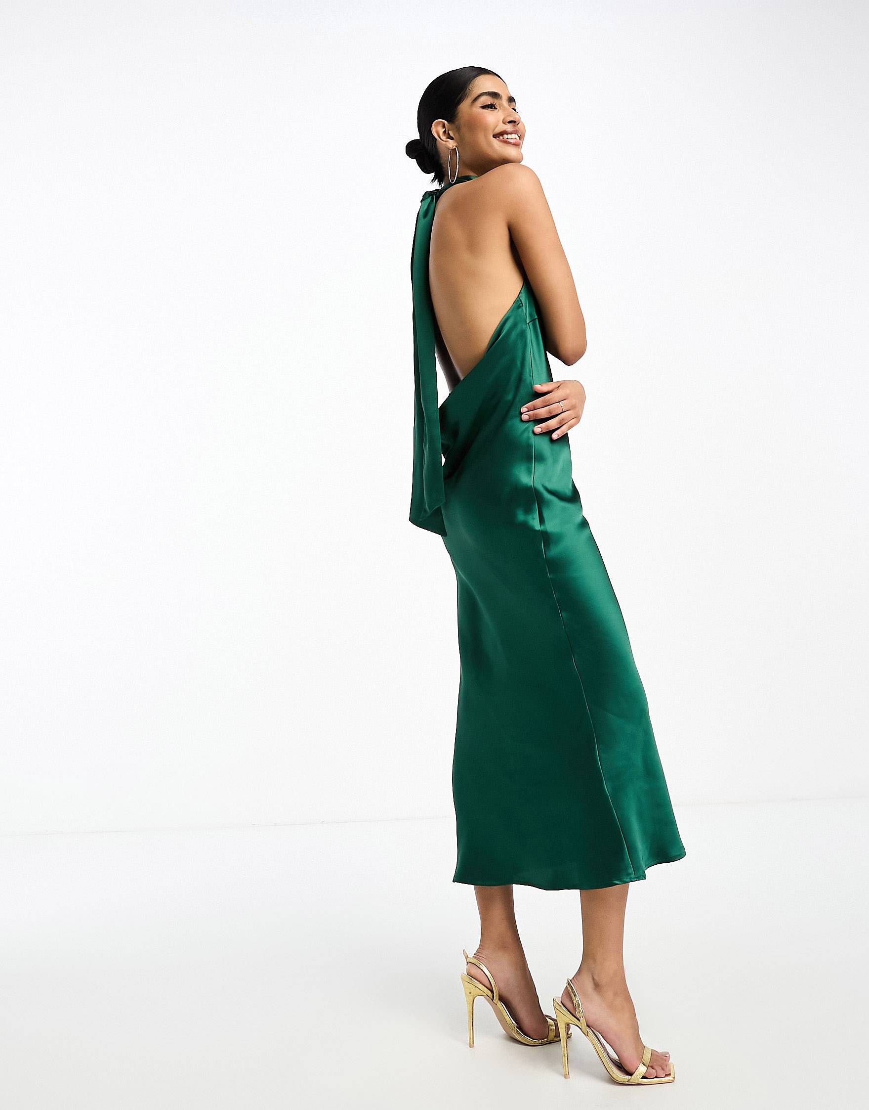 Pretty Lavish high neck satin midi dress in emerald | ASOS (Global)