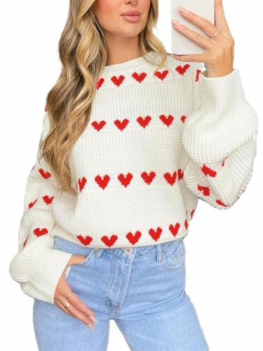 Women Heart Print Sweaters Crewneck Loose Fit Knit Pullover Casual Sweater Tops | Amazon (US)