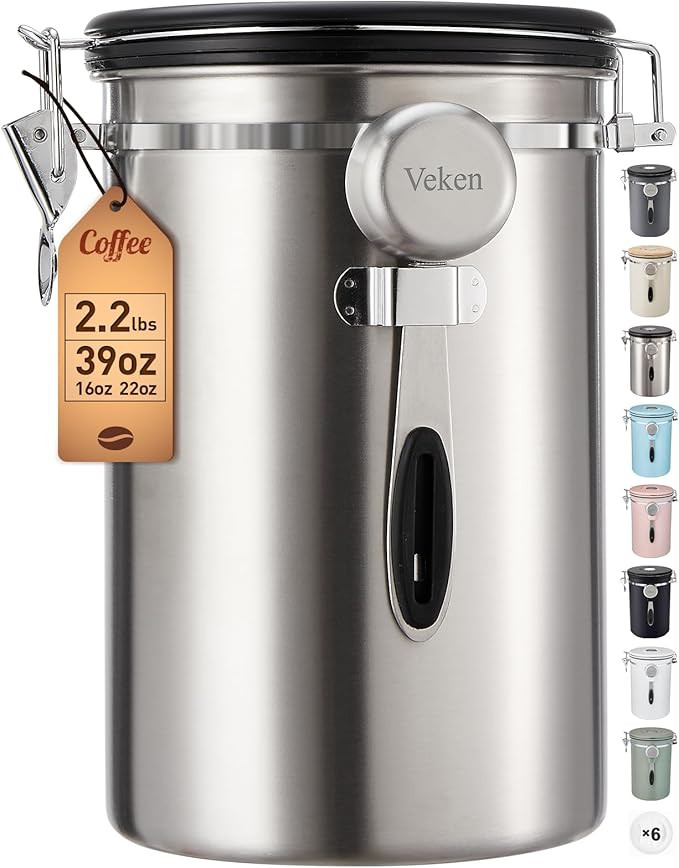 Veken Coffee Canister, 39OZ Large, Airtight Stainless Steel Food Storage Container for 2.2lbs Cof... | Amazon (US)