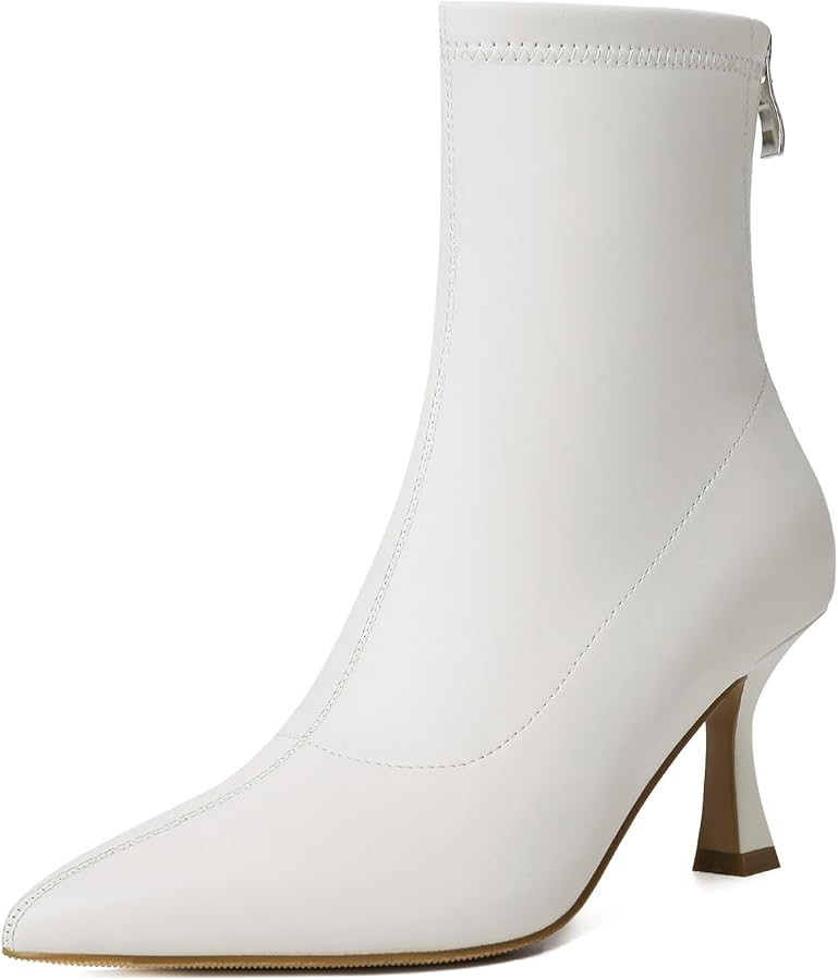 RIBONGZ Ankle Boots for Women Kitten Heeled Booties Back Zipper Pointed Toe Dressy Fur Mid Calf S... | Amazon (US)