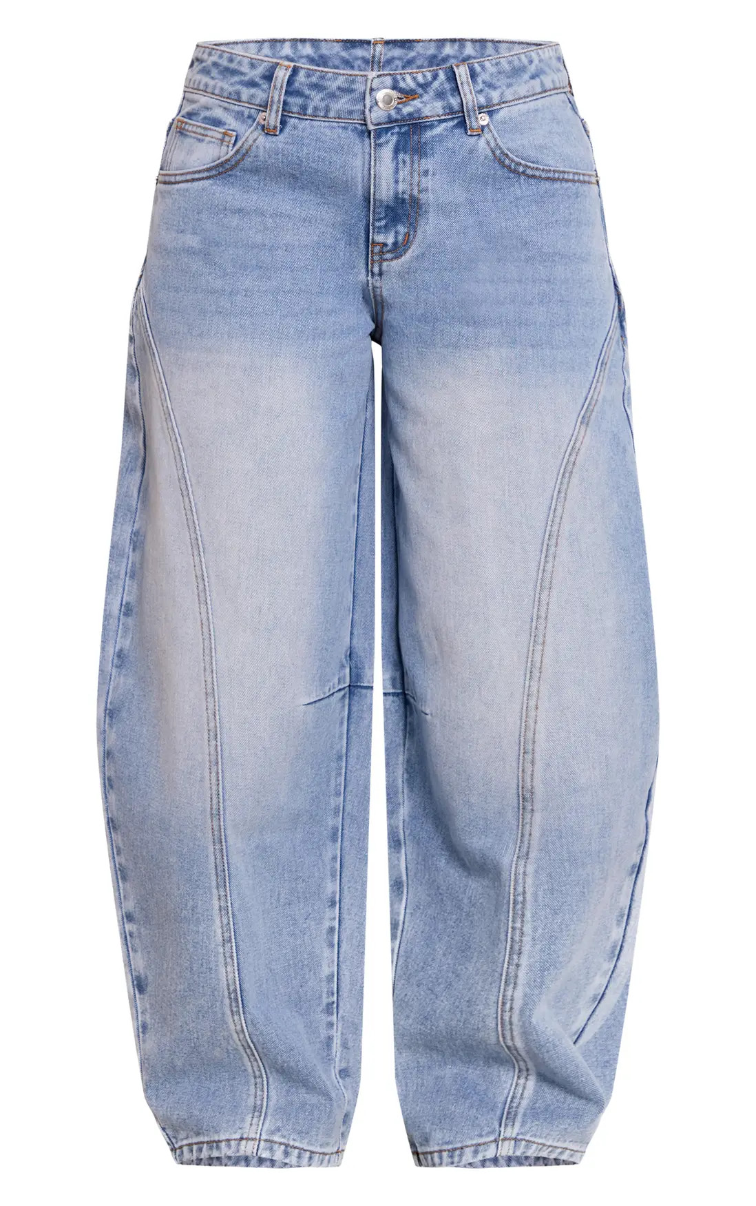 Petite Mid Blue Wash Seam Detail Barrel Jean | PrettyLittleThing UK