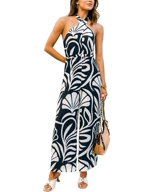 CUPSHE Women Summer Maxi Long Jumpsuit Halter Cross Neck Backless Casual Wide Leg Black White Jum... | Amazon (US)