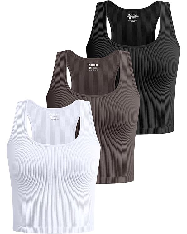 OQQ Women's 3 Piece Crop Tank Tops Ribbed Seamless Workout Sleeveless Shirts Racerback Crop Tops | Amazon (US)