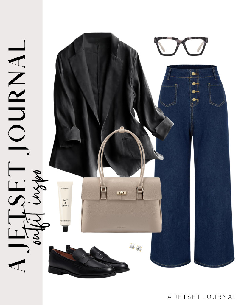 A black linen blazer looks great over your blouse or tee. It pairs well with flare high-waist jeans from Belle Poque. Adding stylish reading glasses and Cole Haan Stassi loafers will enhance your look. This LOVEVOOK laptop bag is an amazing find, too! 

 #LTKSeasonal #LTKSaleAlert #LTKTravel