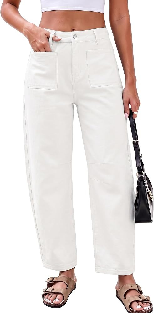 GRAPENT Barrel Jeans for Women Trendy Cropped High Waisted Patch Pocket Baggy Stretch Denim Pants... | Amazon (US)