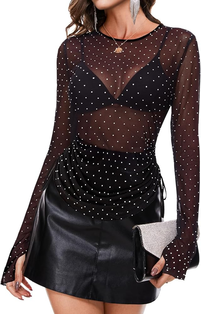 BBX Lephsnt Women Mesh Tops Rhinestone Tops Long Sleeve Sheer Blouse See Through Shirt Sparkle Gl... | Amazon (US)