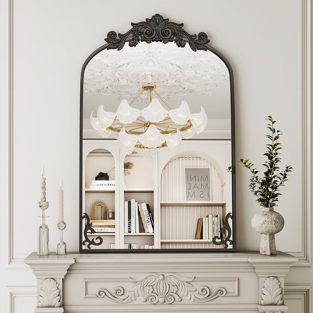 36"x 28" Arched Bathroom Mirror, Wall-Mounted Mirror with Carved Metal Frame & Bottom Art Carved,... | Amazon (US)