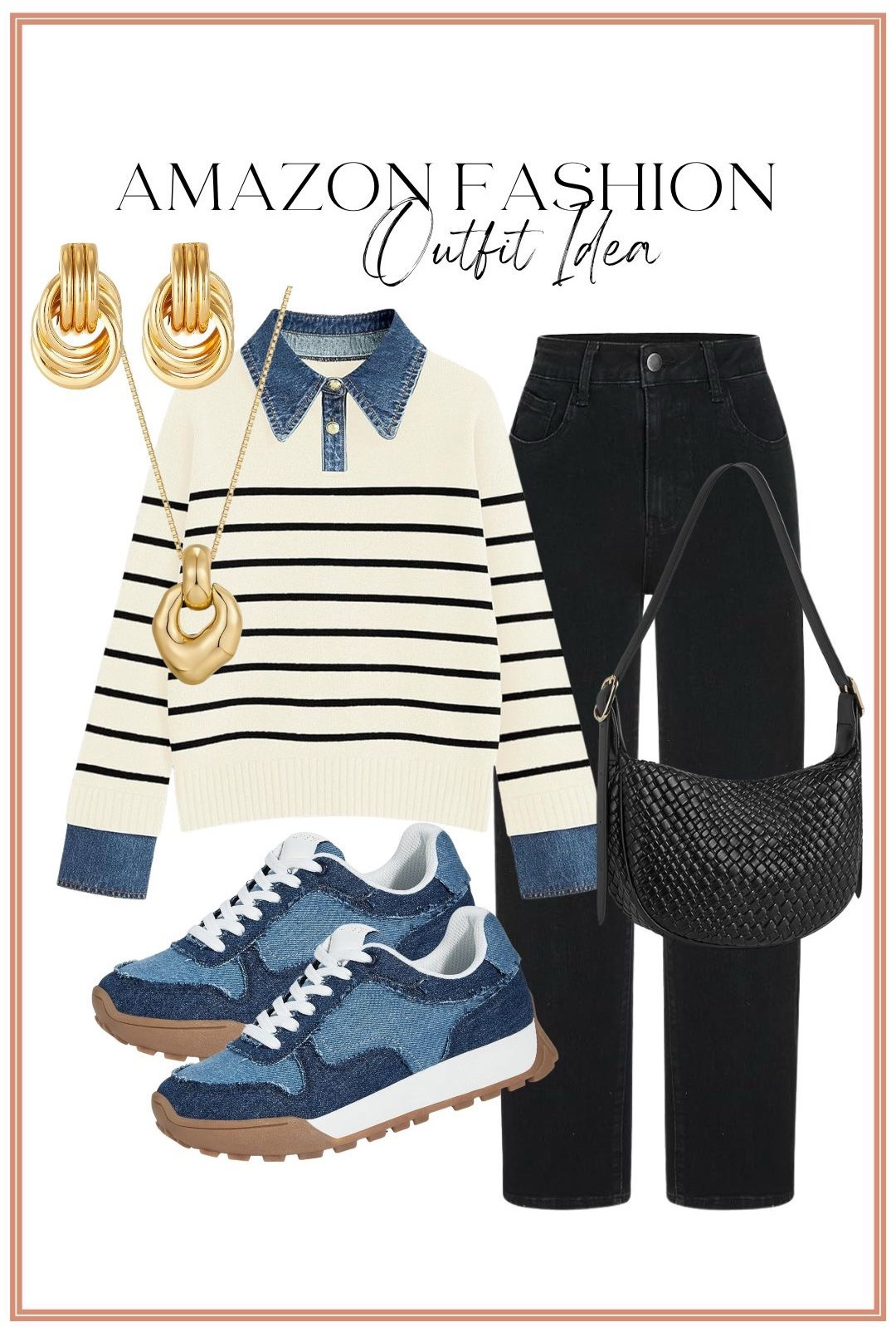 Amazon outfit ideas that are equal parts polished and comfortable 🤍🖤
This classic striped sweater with the denim collar detail instantly elevates an everyday look while still feeling effortless. Styled with black straight-leg jeans, comfortable denim sneakers, and a woven crossbody bag for a chic, wear-anywhere outfit. Finished with bold gold statement jewelry to add a modern touch. This is one of those easy Amazon outfits that works for school drop-off, errands, casual workdays, travel days, or weekend plans.

#amazonfashion #amazonoutfit #amazonfinds #amazonstyle #amazonwomensfashion #everydayoutfit #casualchic #stripedsweater #denimcollar #blackjeans #straightlegjeans #comfortableoutfit #traveldayoutfit #schooldropoffstyle #womensfashion #affordablefashion #styleinspo #outfitideas