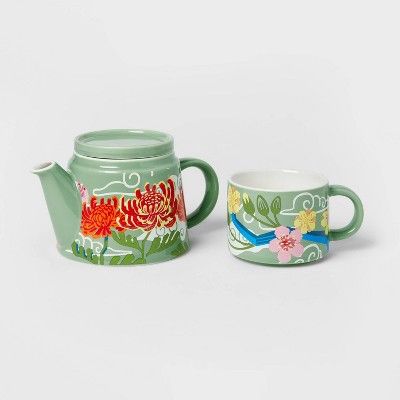Lunar New Year 2pc Stoneware Floral Tea Infuser Teapot and Cup Set | Target