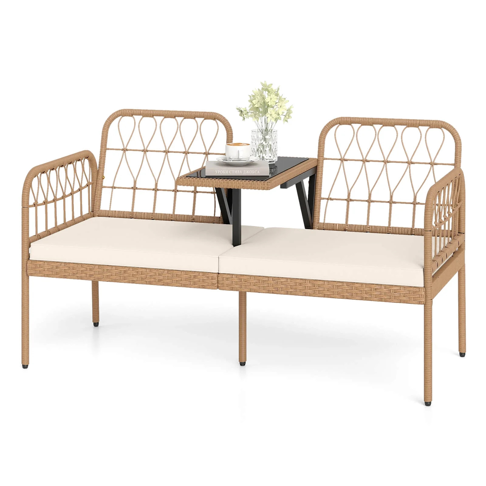 Costway PE Rattan Outdoor Loveseat with Built-in Coffee Table & Soft Cushions for Lawn | Walmart (CA)