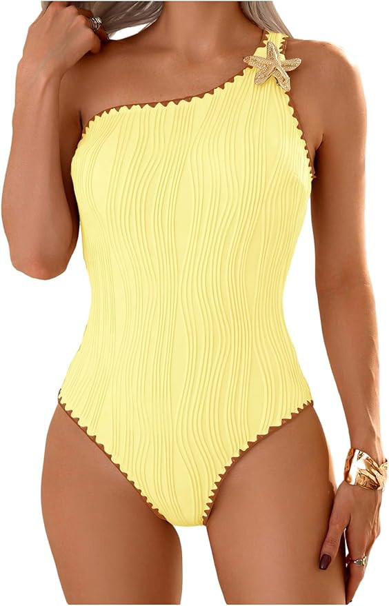 OYOANGLE Women's One Piece Swimsuit Starfish Textured One Shoulder Bathing Suit Beachwear | Amazon (US)